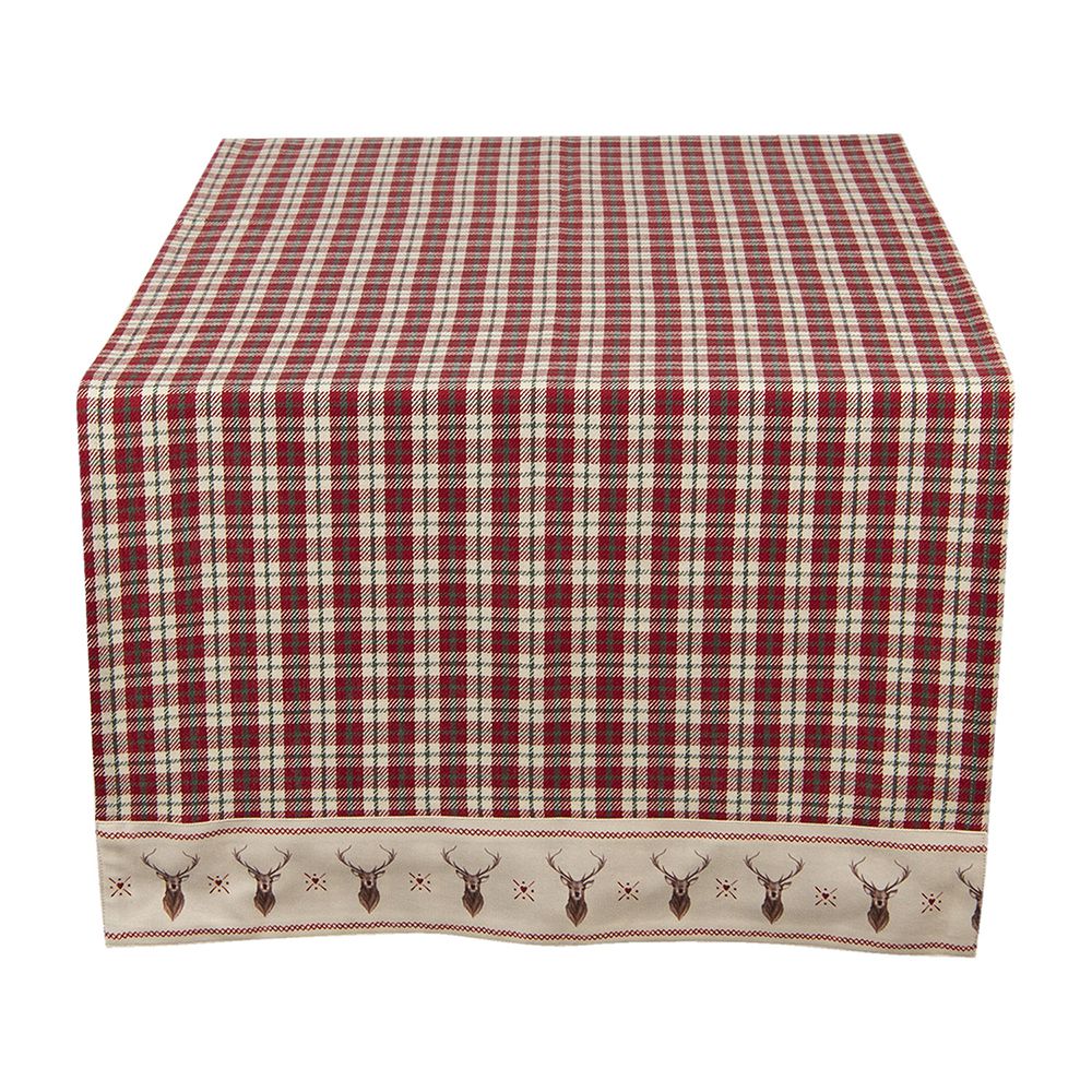 Clayre&Eef Tafelloper 50x140 cm Rood Beige Katoen Ruit Hert