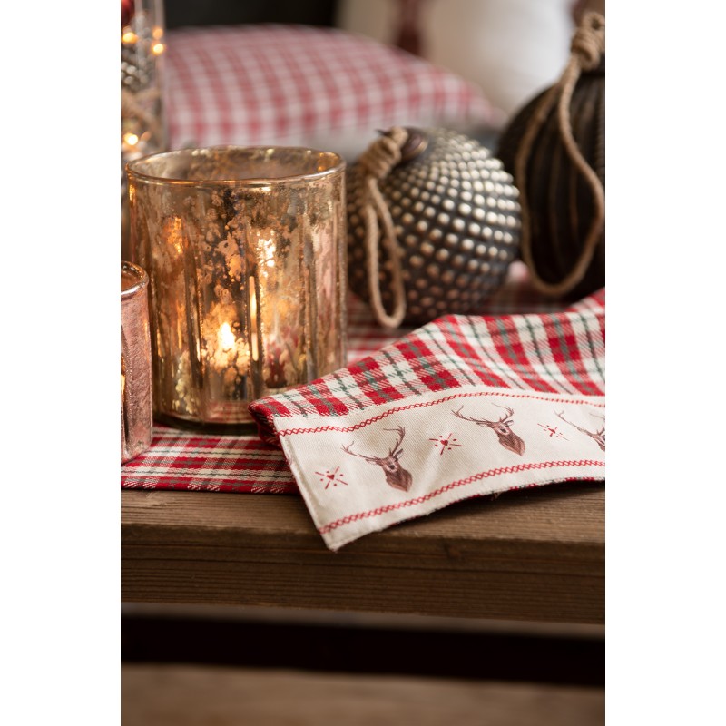 Clayre & Eef Table Runner 50x140 cm Red Beige Cotton Rectangle Diamond and Deer