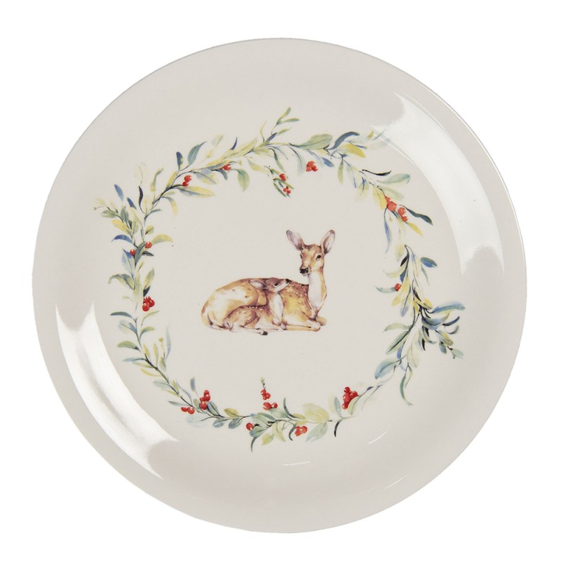 Clayre & Eef Dinner Plate Ø 28 cm White Green Ceramic Round Deer