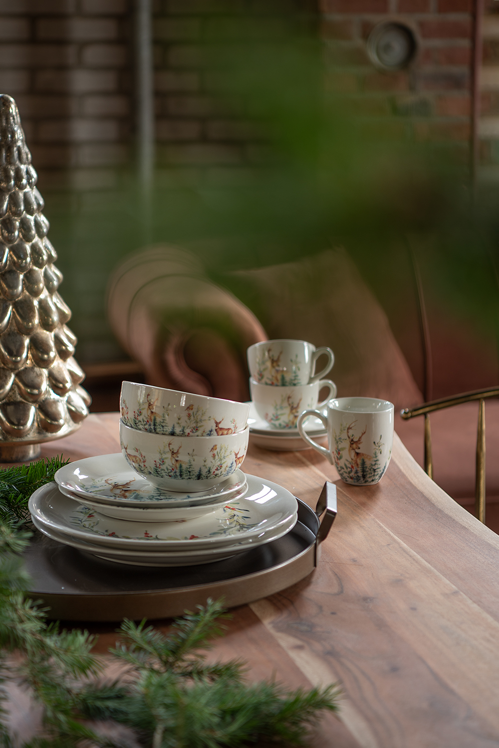 Dinerbord Ø 28 Cm Wit Groen Keramiek Hert-image