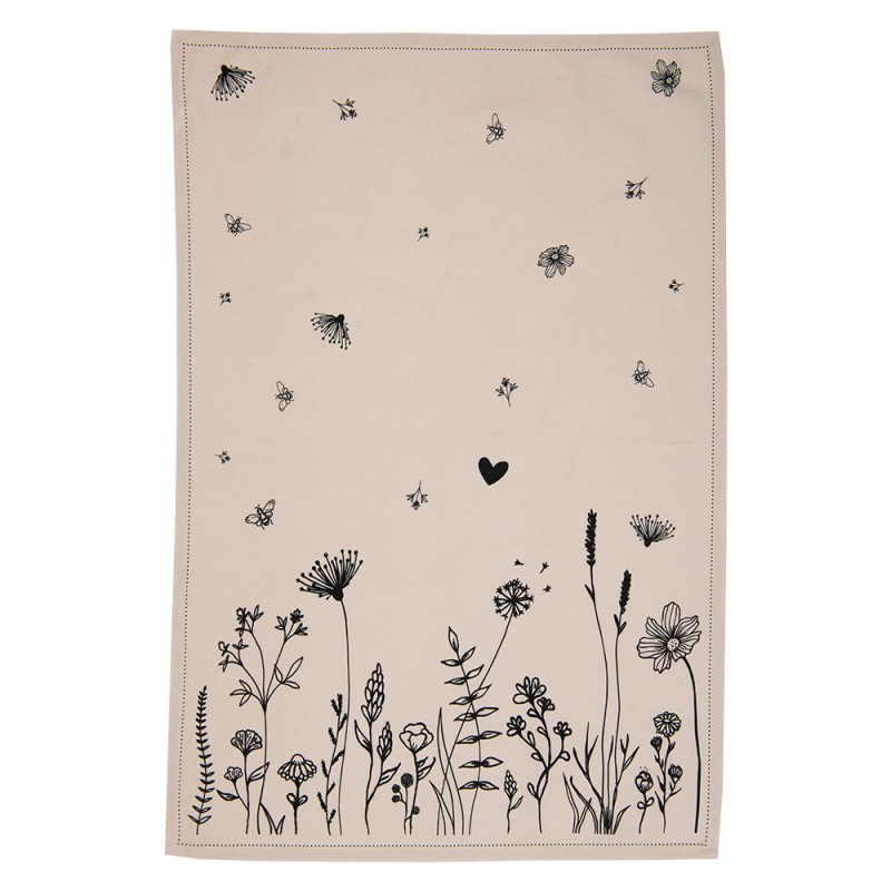 Clayre & Eef Tea Towel  50x70 cm Beige Black Cotton Flowers
