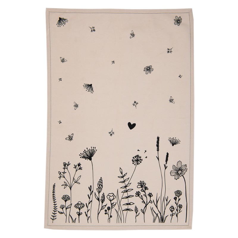 Clayre & Eef Torchon 50x70 cm Beige Noir Coton Fleurs