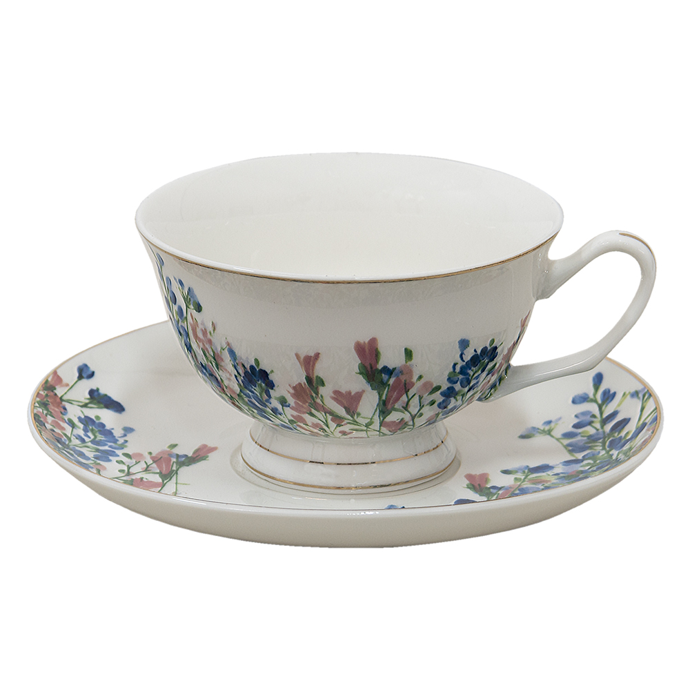 Clayre&Eef Kop en Schotel 250 ml Blauw Wit Porselein Bloemen afbeelding