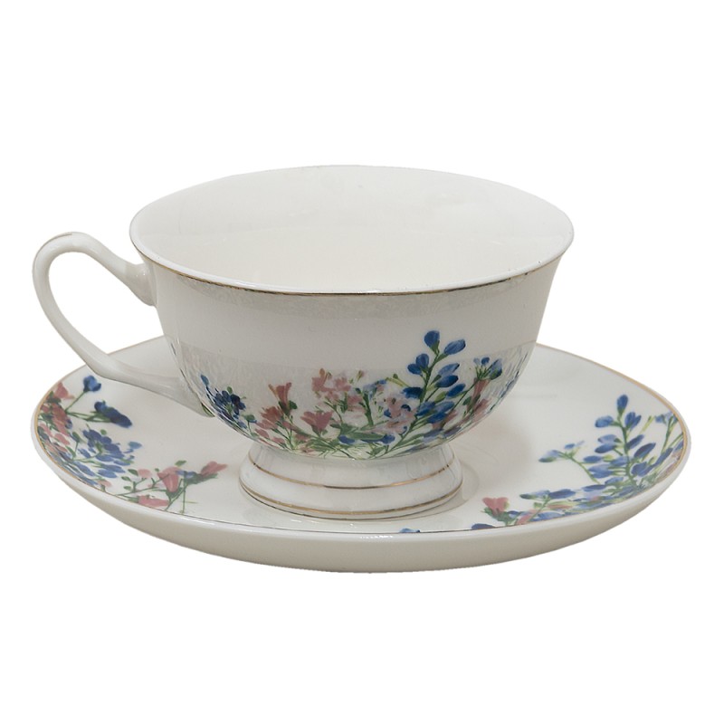 Clayre & Eef Tasse mit Untertasse 250 ml Blau Weiß Porzellan Blumen