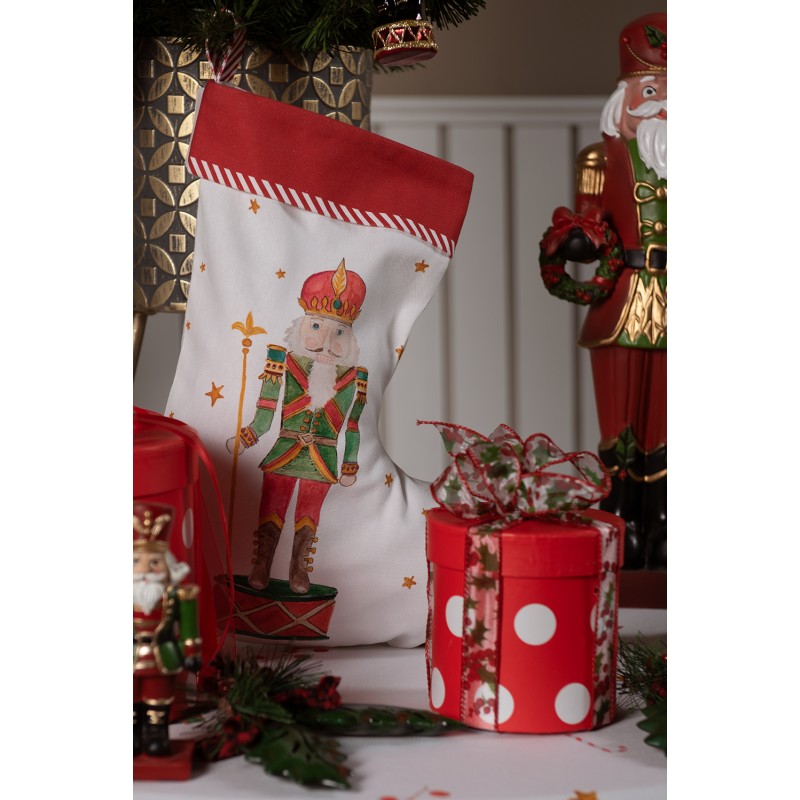 Clayre & Eef Christmas Stocking Christmas Stocking 30x40 cm White Red Cotton Nutcracker