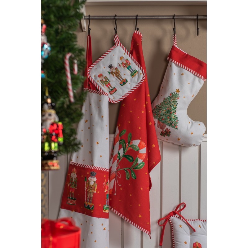 Clayre & Eef Kitchen Apron 70x85 cm White Red Cotton Nutcrackers