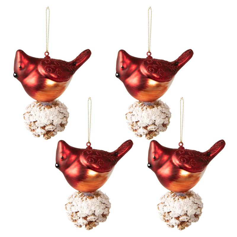 Clayre & Eef Christmas Bauble Set of 4 Bird 11x6x11 cm Red White Glass