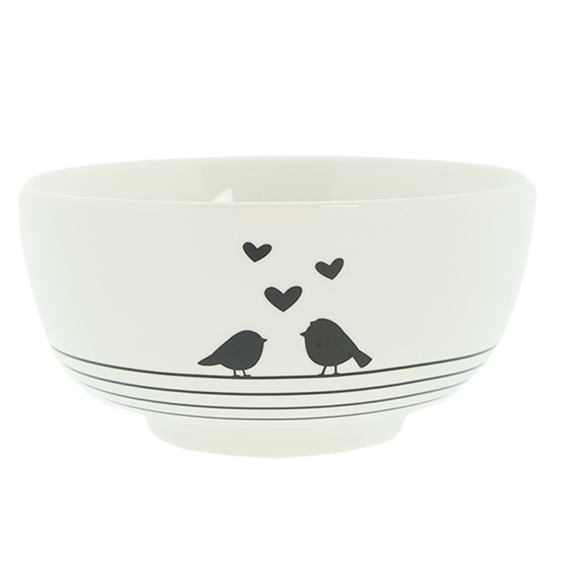 Clayre & Eef Bol à soupe 500 ml Blanc Noir Porcelaine Oiseaux de coeur