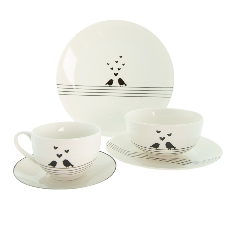 Clayre & Eef Bol à soupe 500 ml Blanc Noir Porcelaine Oiseaux de coeur