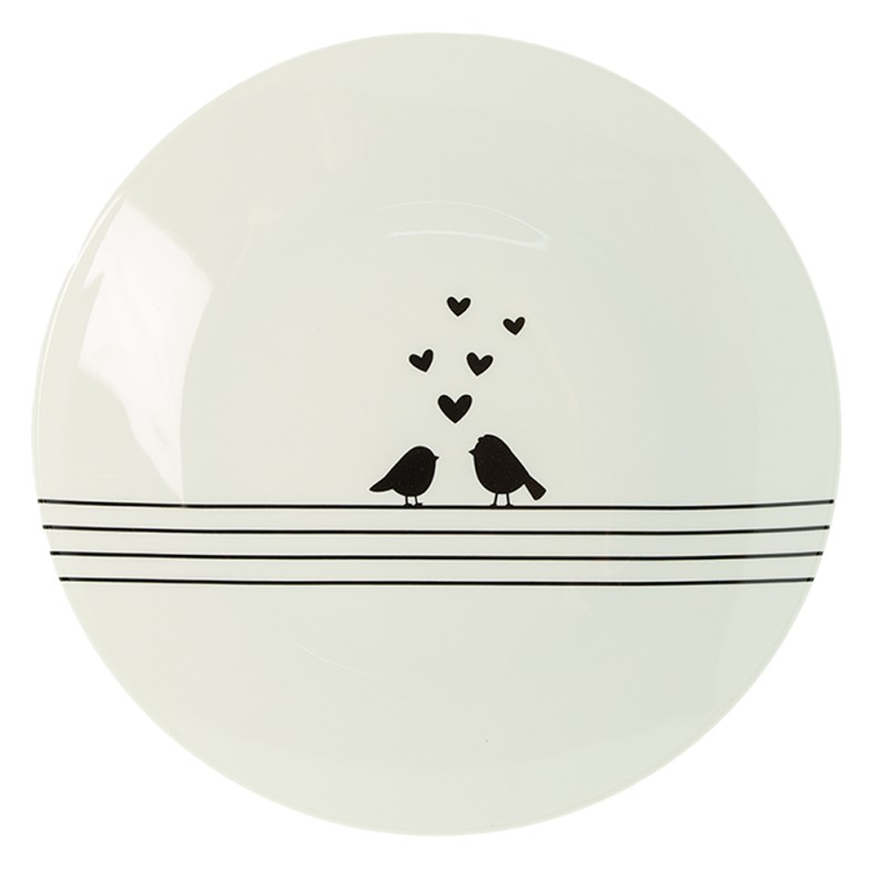 Clayre & Eef Dinner Plate Ø 26 cm White Black Porcelain Round Hearts Birds