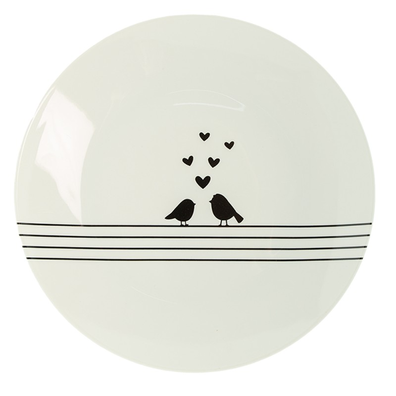 Clayre & Eef Assiette de dîner Ø 26 cm Blanc Noir Porcelaine Rond Oiseaux de coeur