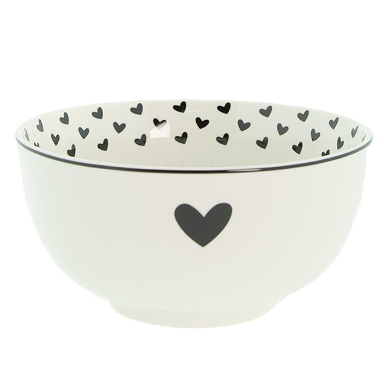 Clayre & Eef Bol à soupe 500 ml Blanc Noir Porcelaine Coeurs