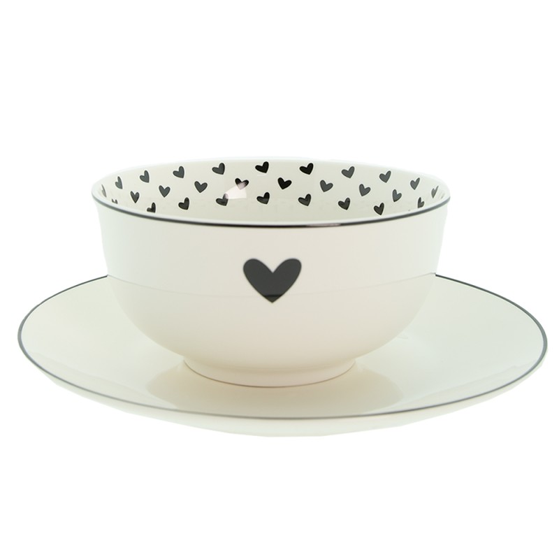 Clayre & Eef Soup Bowl 500 ml White Black Porcelain Hearts