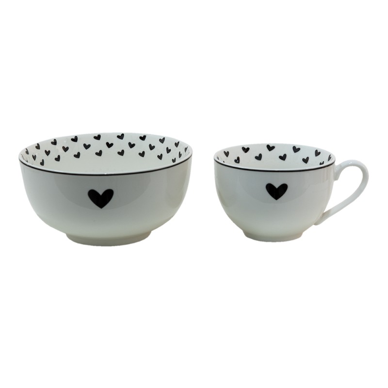 Clayre & Eef Tasse et soucoupe 220 ml Blanc Noir Porcelaine Coeurs