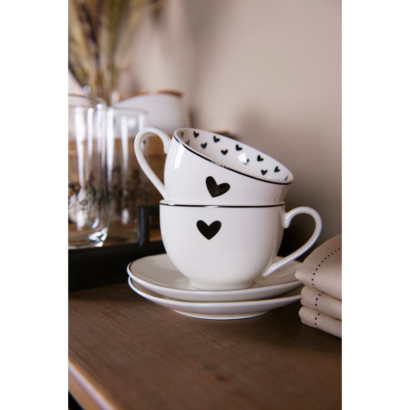 Clayre & Eef Tasse et soucoupe 220 ml Blanc Noir Porcelaine Coeurs