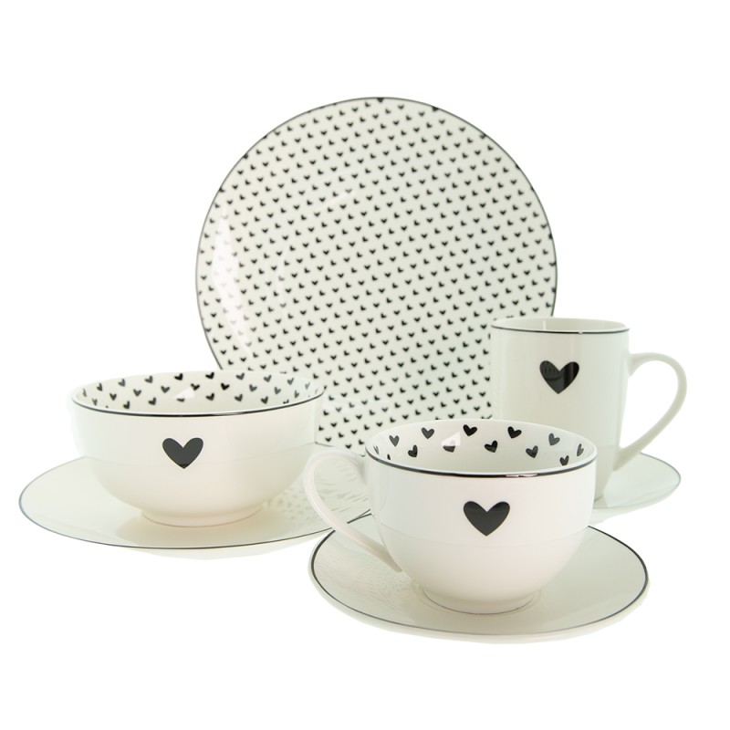 Clayre & Eef Tasse et soucoupe 220 ml Blanc Noir Porcelaine Coeurs