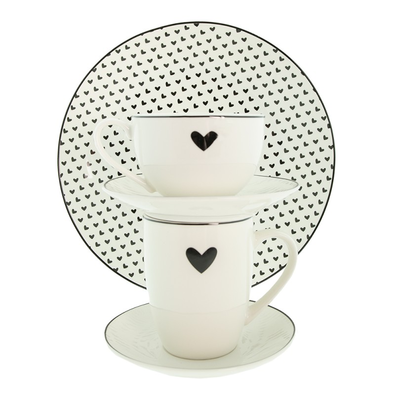 Clayre & Eef Tasse et soucoupe 220 ml Blanc Noir Porcelaine Coeurs