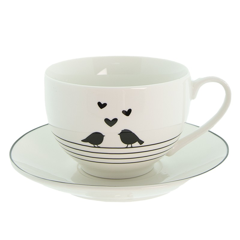 Clayre & Eef Cup and Saucer 220 ml White Black Porcelain Hearts Birds