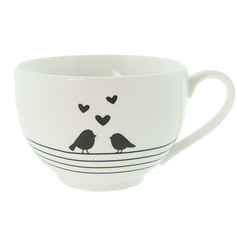 Clayre & Eef Cup and Saucer 220 ml White Black Porcelain Hearts Birds