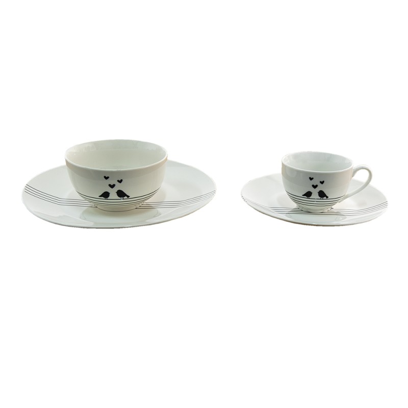 Clayre & Eef Cup and Saucer 220 ml White Black Porcelain Hearts Birds