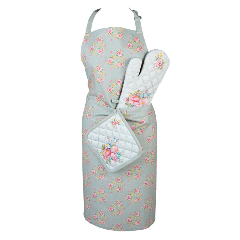 Clayre & Eef Kitchen Apron 70x85 cm Green Cotton Flowers