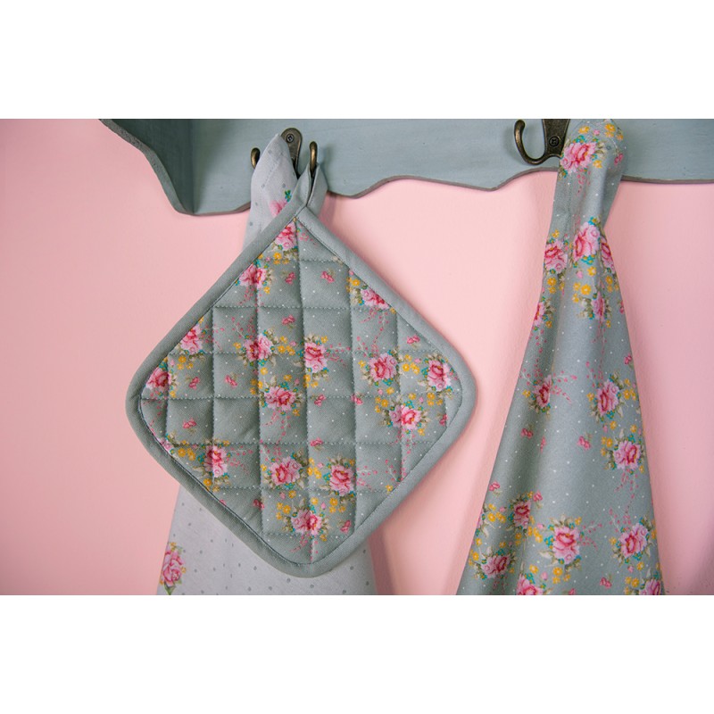 Clayre & Eef Pot Holder 20x20 cm Green Cotton Flowers