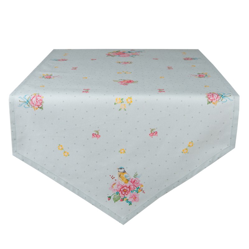Clayre & Eef Table Runner 50x160 cm Green Cotton Flowers