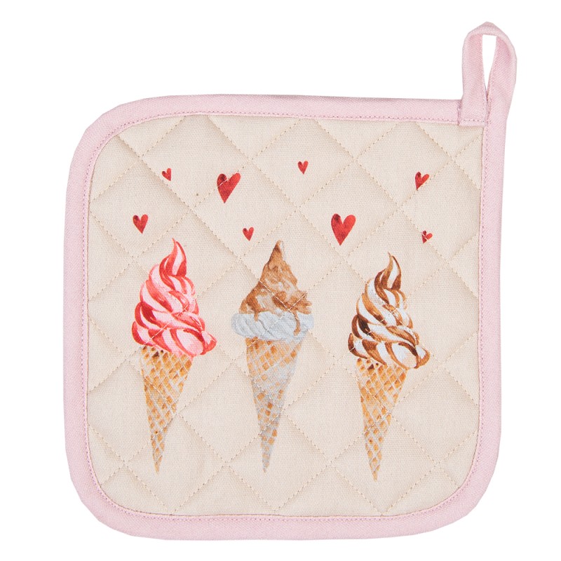 Clayre & Eef Pot Holder 20x20 cm Beige Pink Cotton Square Ice Cream