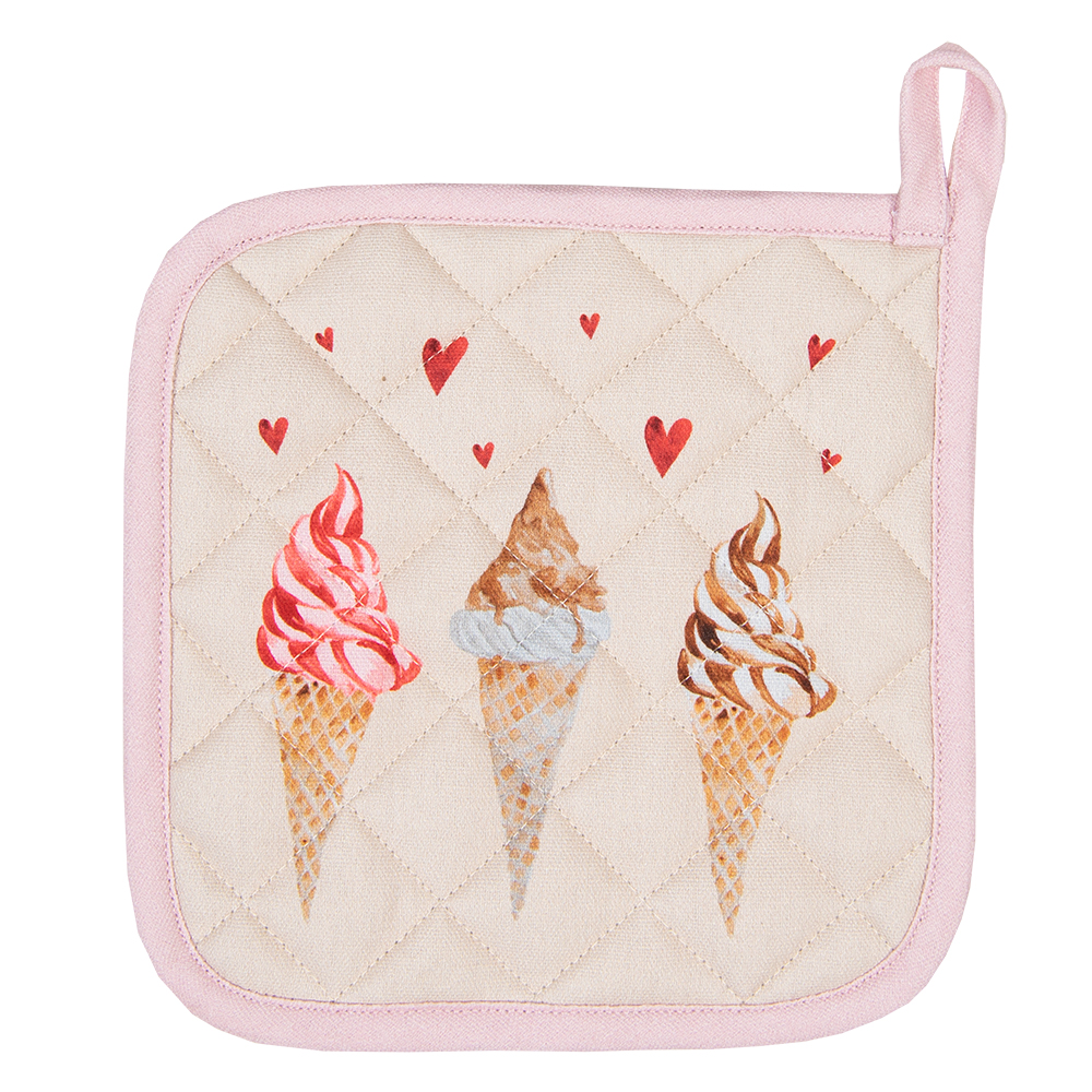 Clayre & Eef Pannenlap 20x20 cm Beige Roze Katoen IJsjes afbeelding