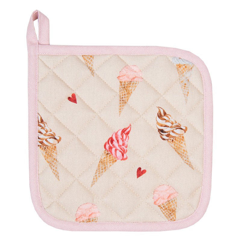 Clayre & Eef Pot Holder 20x20 cm Beige Pink Cotton Square Ice Cream