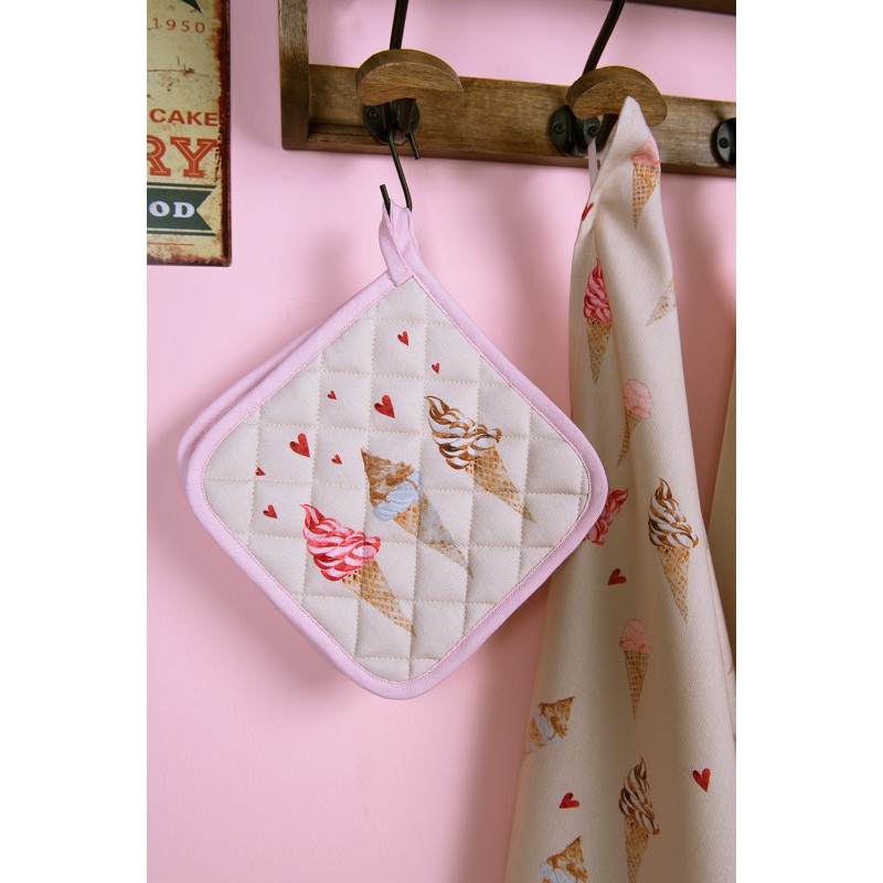 Clayre & Eef Pot Holder 20x20 cm Beige Pink Cotton Square Ice Cream