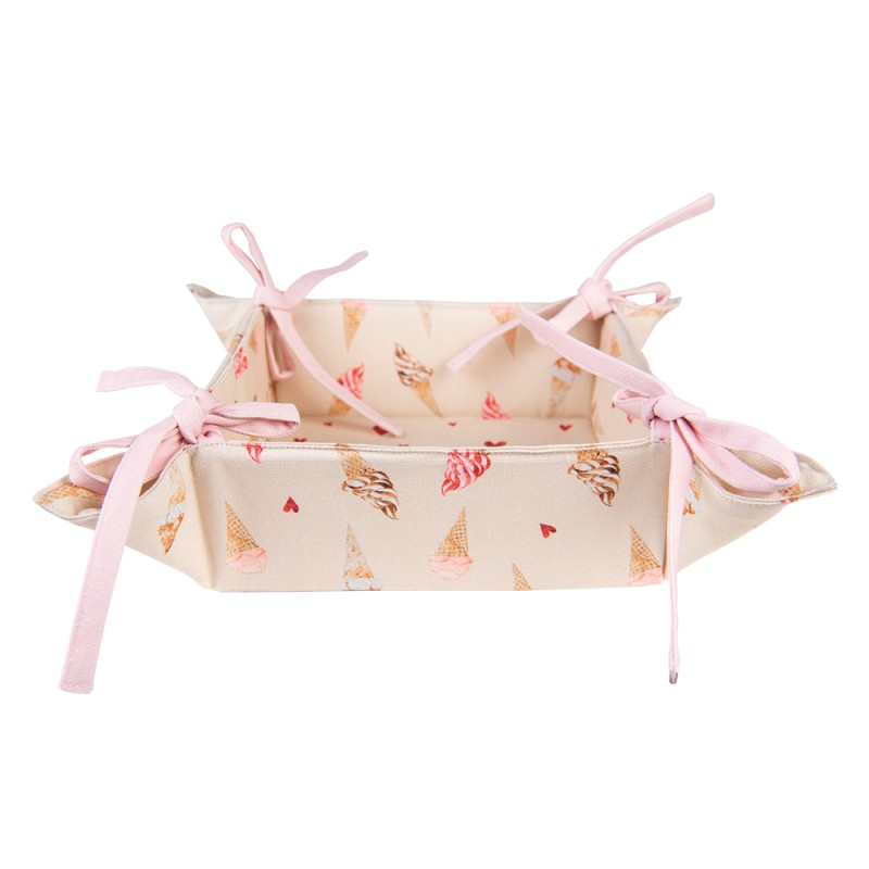 Clayre & Eef Bread Basket 35x35x8 cm Beige Pink Cotton Square Ice Cream