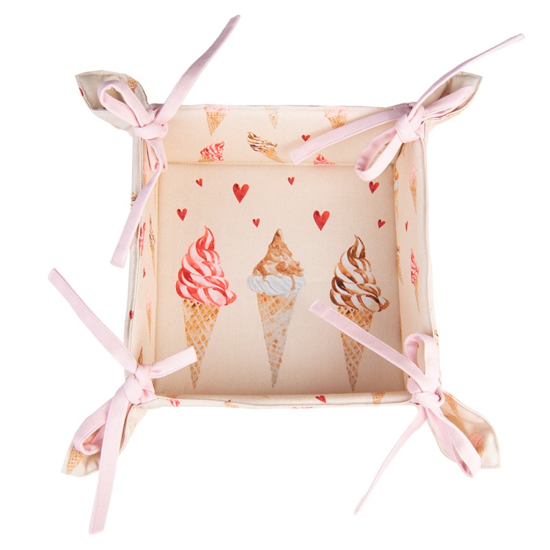 Clayre & Eef Bread Basket 35x35x8 cm Beige Pink Cotton Square Ice Cream