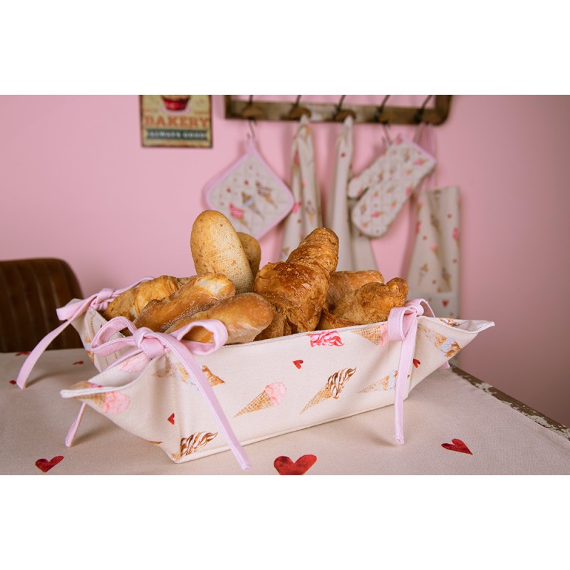 Clayre & Eef Bread Basket 35x35x8 cm Beige Pink Cotton Square Ice Cream