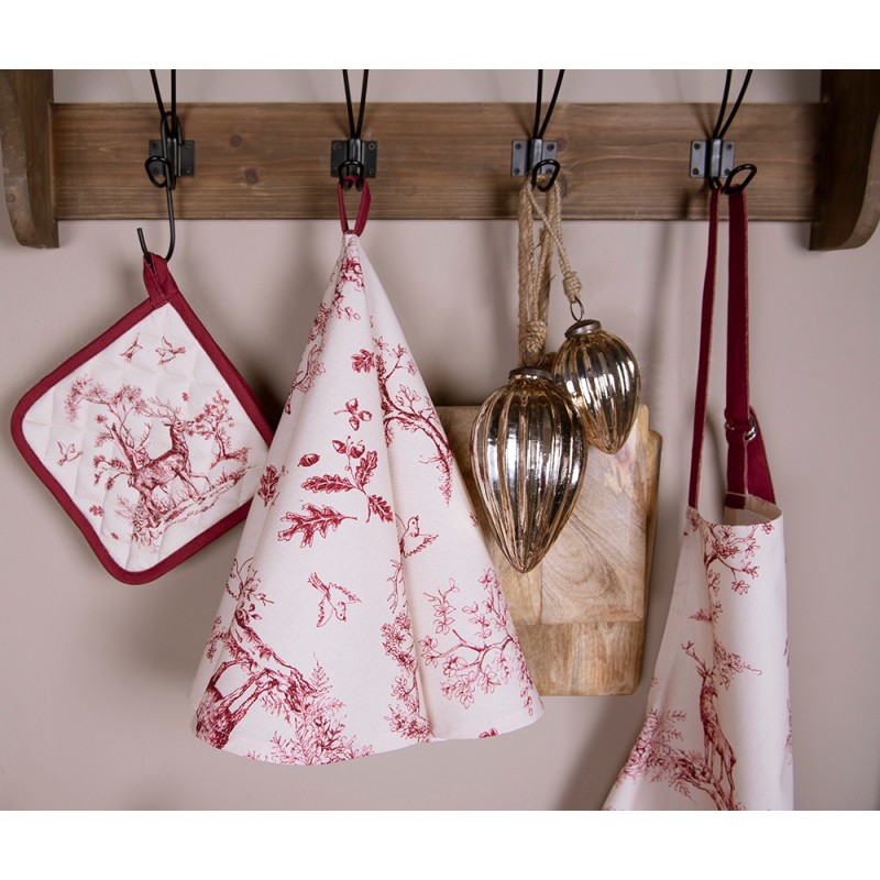 Clayre & Eef Tea Towel  Ø 80 cm White Pink Cotton Round Reindeers