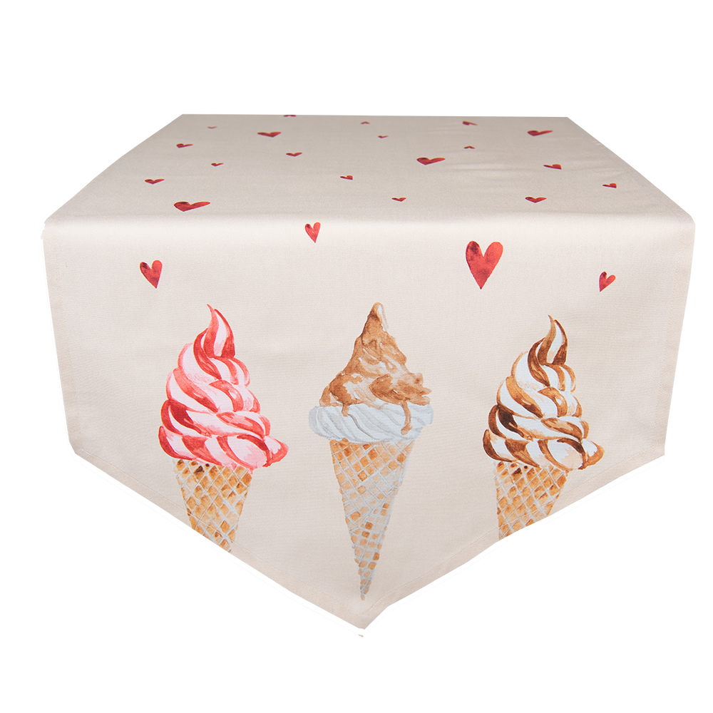 Clayre&Eef Tafelloper 50x160 cm Beige Roze Katoen IJsjes afbeelding