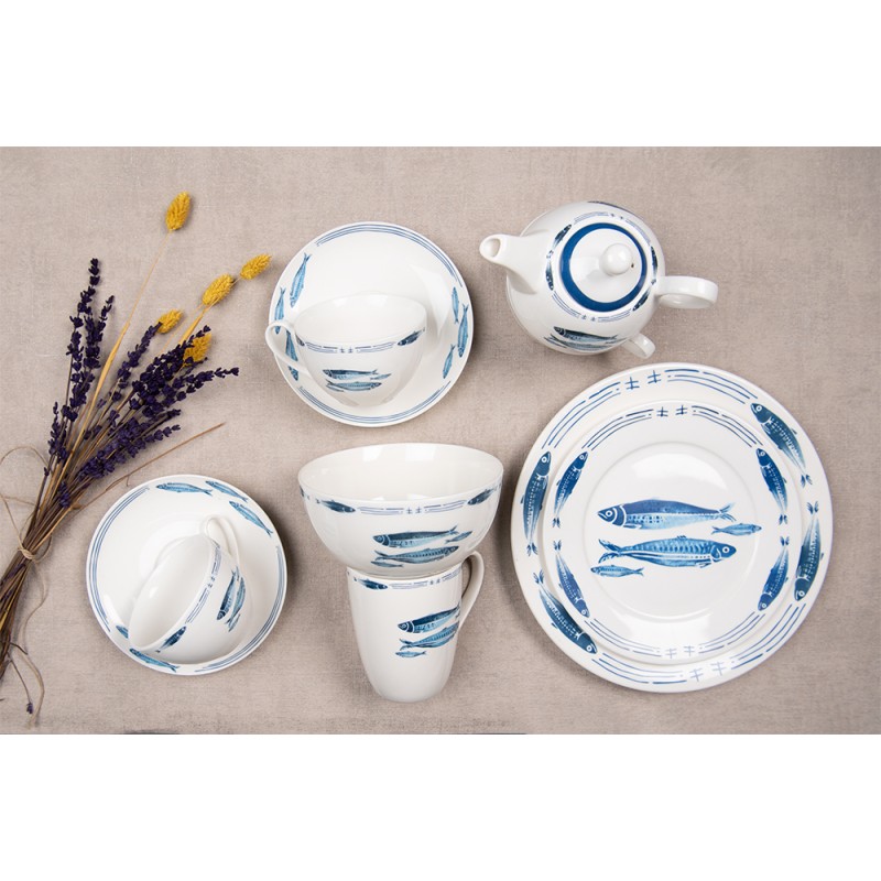 Clayre & Eef Assiette de dîner Ø 26 cm Blanc Bleu Porcelaine Poissons