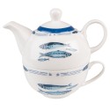 Clayre & Eef Tea for One 400 ml Blanc Bleu Porcelaine Poissons