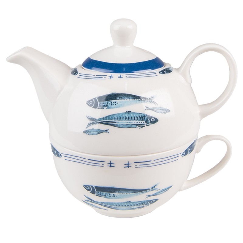 Clayre & Eef Tea for One 400 ml Bianco Blu  Porcellana Pesci