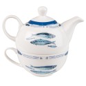 Clayre & Eef Tea for One 400 ml Weiß Blau Porzellan Fische