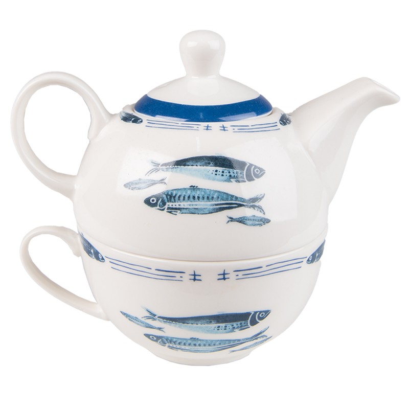 Clayre & Eef Tea for One 400 ml Blanc Bleu Porcelaine Poissons