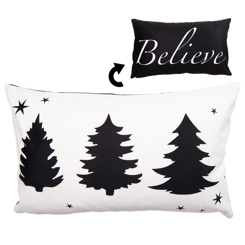 Clayre & Eef Kussenhoes  30x50 cm Wit Zwart Polyester Rechthoek Kerstboom Believe