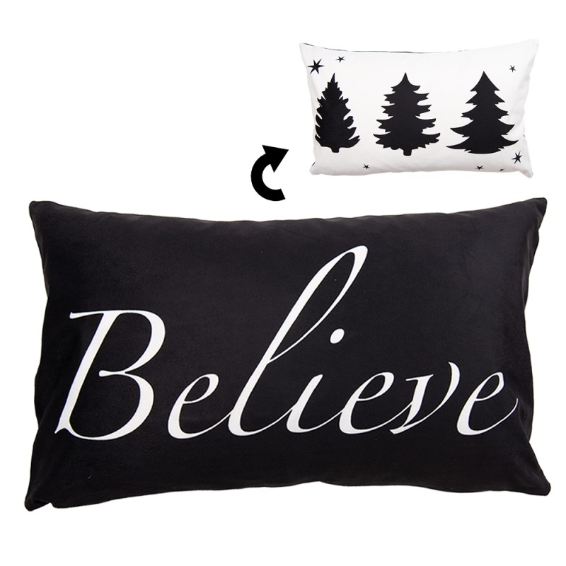 Clayre & Eef Cushion Cover 30x50 cm White Black Polyester Rectangle Christmas Tree Believe