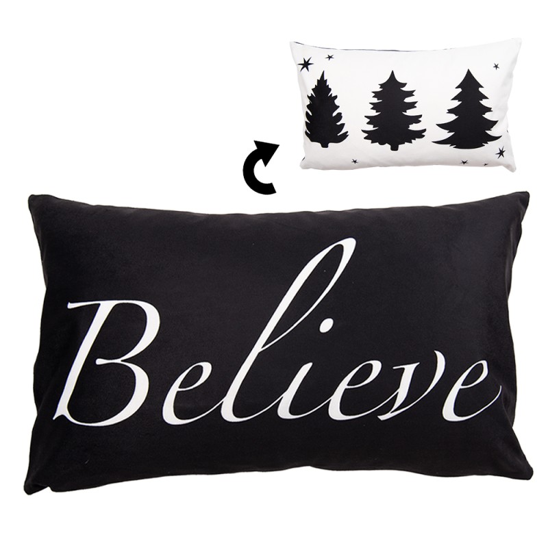 Clayre & Eef Housse de coussin 30x50 cm Blanc Noir Polyester Rectangle Sapin de Noël Believe