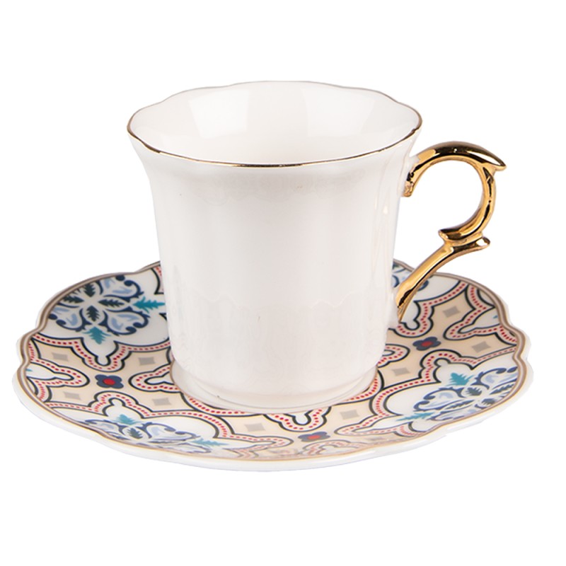 Clayre & Eef Cup and Saucer 95 ml White Beige Porcelain