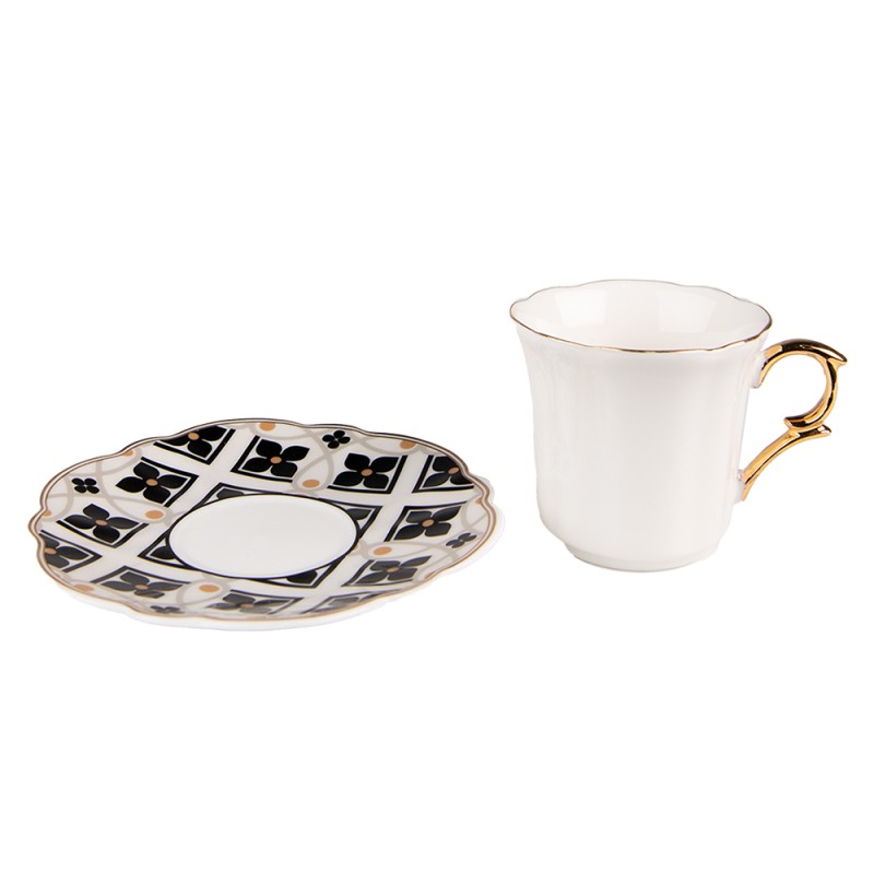 Clayre & Eef Cup and Saucer 95 ml White Black Porcelain