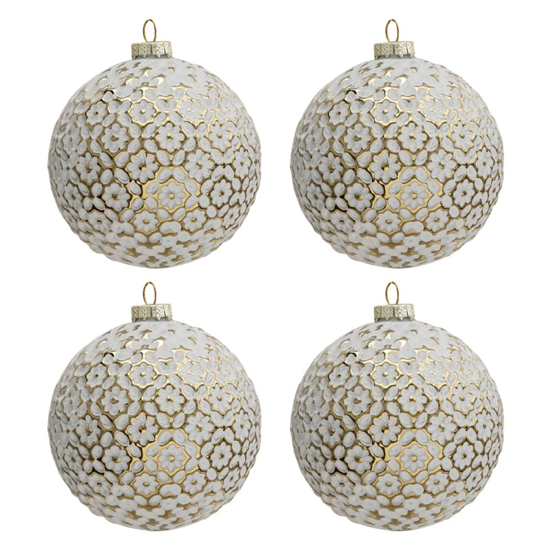 Clayre & Eef Christmas Bauble Set of 4 Ø 10 cm Gold colored Glass Round