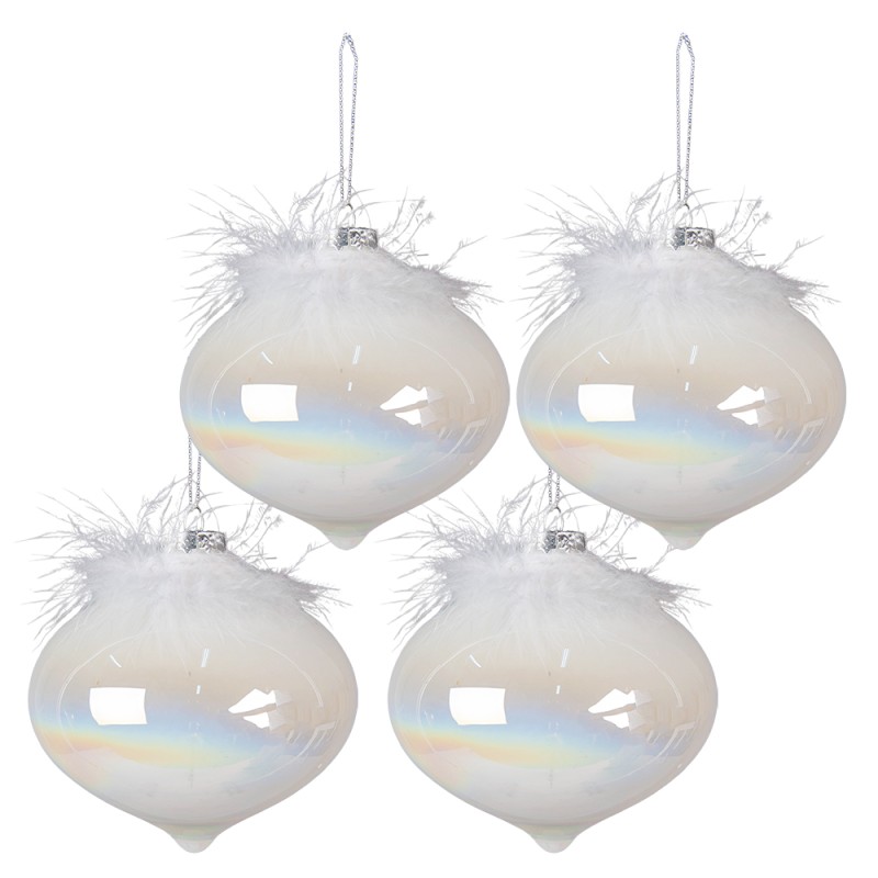 Clayre & Eef Christmas Bauble Set of 4 Ø 10 cm White Glass