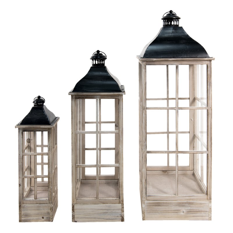 Clayre & Eef Lantern Set of 3 Brown Iron Wood Square
