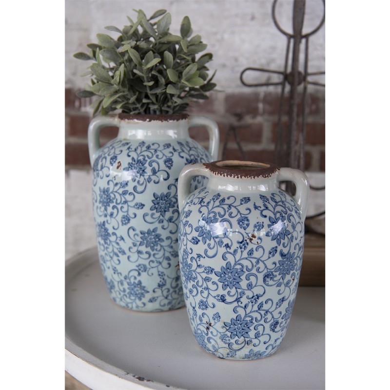 Clayre & Eef Vaso  19x18x29 cm Blu Verde Ceramica Rotondo Fiori